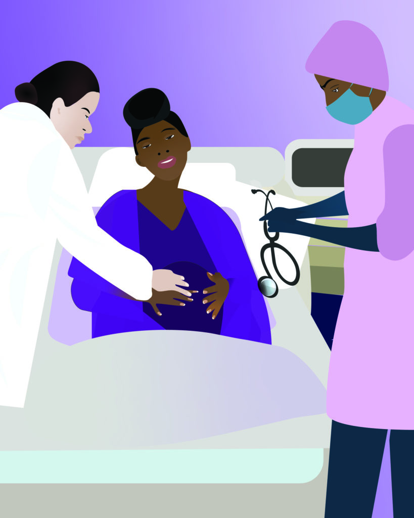 This scene takes place in the birthing room with a doula present supporting the mom along with the doctor.